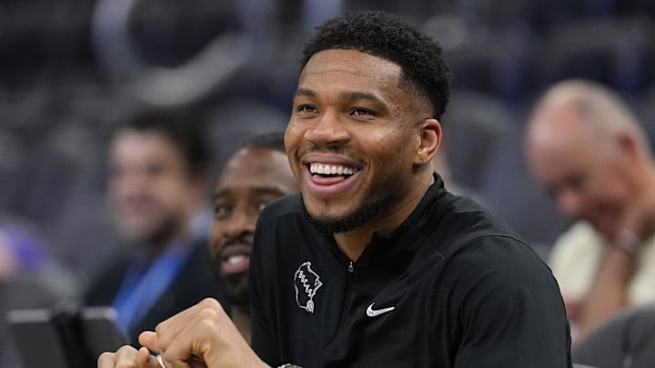 Apr 10, 2026; Milwaukee, Wisconsin, USA; Milwaukee Bucks forward Giannis Antetokounmpo enjoys a moment during warmups prior to the game against the Brooklyn Nets at Fiserv Forum. Mandatory Credit: Jeff Hanisch-Imagn Images Apr 10, 2026; Milwaukee, Wisconsin, USA; Milwaukee Bucks forward Giannis Antetokounmpo enjoys a moment during warmups prior to the game against the Brooklyn Nets at Fiserv Forum. Mandatory Credit: Jeff Hanisch-Imagn Images