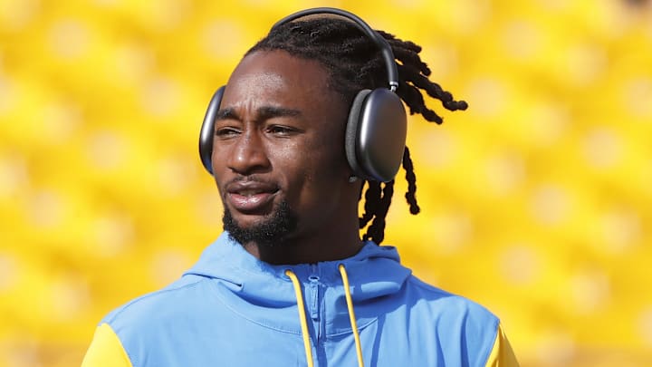 Sep 22, 2024; Pittsburgh, Pennsylvania, USA;  Los Angeles Chargers cornerback Asante Samuel Jr. (26) walks the field before playing the Pittsburgh Steelers at Acrisure Stadium. Mandatory Credit: Charles LeClaire-Imagn Images