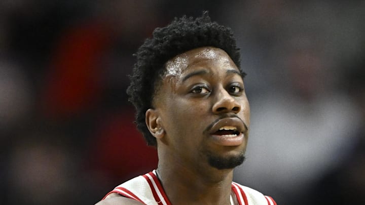 Mar 19, 2026; Portland, OR, USA; Wisconsin Badgers guard John Blackwell (25) passes against the High Point Panthers during the first half of a first round game of the men's 2026 NCAA Tournament at Moda Center. Mandatory Credit: Craig Strobeck-Imagn Images