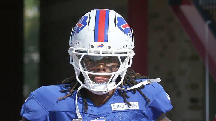 Bills rookie defensive back Maxwell Hairston high-fives fans as he runs onto the field during day five of Buffalo Bills training camp at St. John Fisher University Monday, July 28, 2025 in Pittsford, NY.