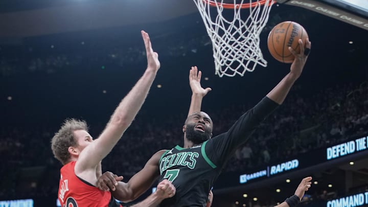 Apr 5, 2026; Boston, Massachusetts, USA; Boston Celtics guard Jaylen Brown (7) shoots a layup against Toronto Raptors center Jakob Poeltl (19) during the first half at TD Garden. Mandatory Credit: Gregory Fisher-Imagn Images Apr 5, 2026; Boston, Massachusetts, USA; Boston Celtics guard Jaylen Brown (7) shoots a layup against Toronto Raptors center Jakob Poeltl (19) during the first half at TD Garden. Mandatory Credit: Gregory Fisher-Imagn Images