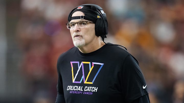 Sep 29, 2024; Glendale, Arizona, USA; Washington Commanders head coach Dan Quinn against the Arizona Cardinals in the second half at State Farm Stadium. Mandatory Credit: Mark J. Rebilas-Imagn Images Sep 29, 2024; Glendale, Arizona, USA; Washington Commanders head coach Dan Quinn against the Arizona Cardinals in the second half at State Farm Stadium. Mandatory Credit: Mark J. Rebilas-Imagn Images