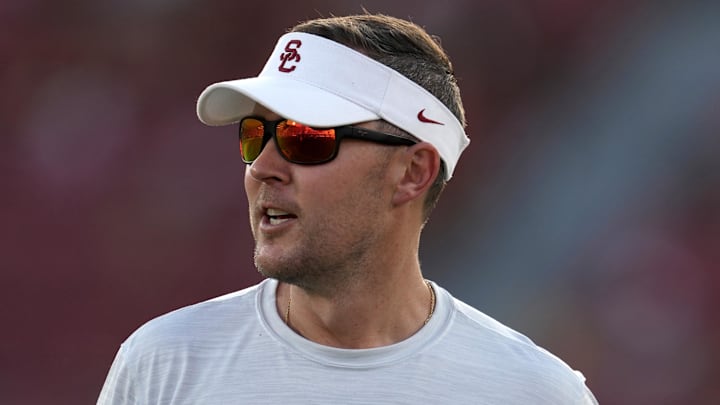 Sep 3, 2022; Los Angeles, California, USA; Southern California Trojans head coach Lincoln Riley reacts in the second half against the Rice Owls at United Airlines Field at Los Angeles Memorial Coliseum. Mandatory Credit: Kirby Lee-Imagn Images