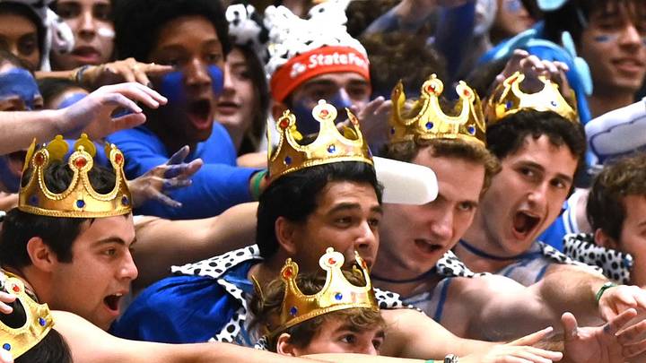 Mar 7, 2026; Durham, North Carolina, USA; North Carolina Tar Heels forward Jarin Stevenson (15) is harassed by Duke Blue Devils fans as he attempts to inbound the ball during the second half at Cameron Indoor Stadium.  The Duke Blue Devils won 76-61. Mandatory Credit: Rob Kinnan-Imagn Images