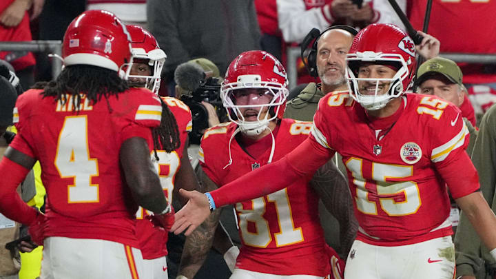 Oct 27, 2025; Kansas City, Missouri, USA; Kansas City Chiefs wide receiver Rashee Rice (4) celebrates after scoring a touchdown against the Washington Commanders with quarterback Patrick Mahomes (15) during the fourth quarter of the game at GEHA Field at Arrowhead Stadium. Mandatory Credit: Denny Medley-Imagn Images Oct 27, 2025; Kansas City, Missouri, USA; Kansas City Chiefs wide receiver Rashee Rice (4) celebrates after scoring a touchdown against the Washington Commanders with quarterback Patrick Mahomes (15) during the fourth quarter of the game at GEHA Field at Arrowhead Stadium. Mandatory Credit: Denny Medley-Imagn Images