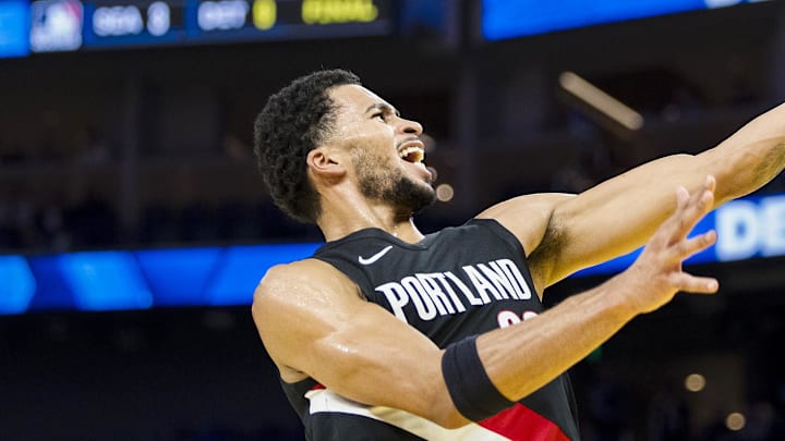 Oct 8, 2025; San Francisco, California, USA; Portland Trail Blazers forward Toumani Camara (33) shoots against the Golden State Warriors during the second quarter at Chase Center. Mandatory Credit: John Hefti-Imagn Images Oct 8, 2025; San Francisco, California, USA; Portland Trail Blazers forward Toumani Camara (33) shoots against the Golden State Warriors during the second quarter at Chase Center. Mandatory Credit: John Hefti-Imagn Images