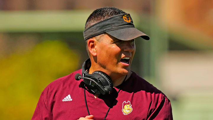 Arizona State defensive coordinator Brian Ward runs a drill for his secondary during the first day of fall practice in Tempe, Ariz. on July 30, 2025.