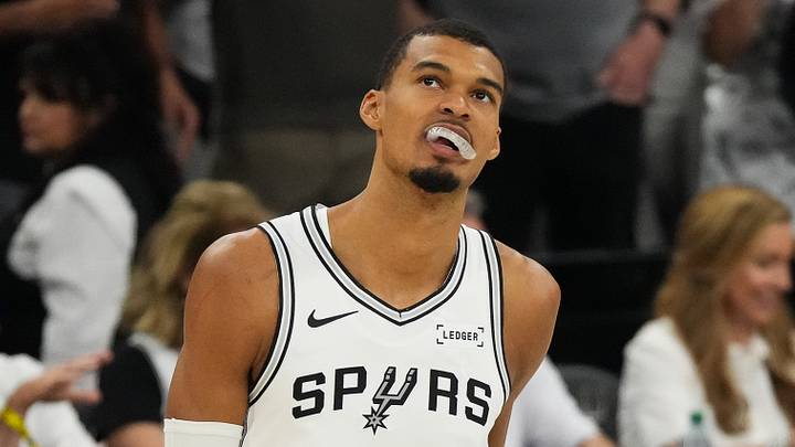 May 24, 2026; San Antonio, Texas, USA; San Antonio Spurs center Victor Wembanyama (1) looks on before the start of  game four of the western conference finals for the 2026 NBA playoffs against the Oklahoma City Thunder at Frost Bank Center. Mandatory Credit: Scott Wachter-Imagn Images