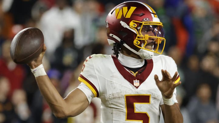 Washington Commanders quarterback Jayden Daniels (5) Mandatory Credit: Amber Searls-Imagn Images