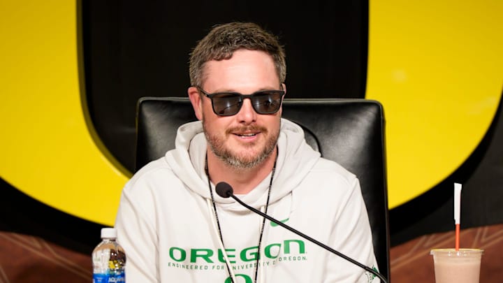 Oregon head coach Dan Lanning speaks from the podium at the Hatfield-Dowlin Complex on the first day of spring practice for the Oregon Ducks on March 12, 2026, in Eugene, Oregon.