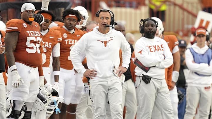 Texas Longhorns head coach Steve Sarkisian observes the second half against the Vanderbilt Commodores at Darrell K Royal-Texas Memorial Stadium.