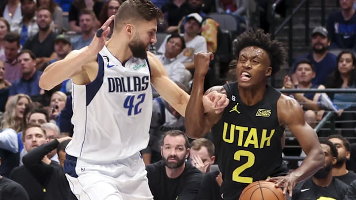 Nov 2, 2022; Dallas, Texas, USA;  Utah Jazz guard Collin Sexton (2) drives to the basket as Dallas Mavericks forward Maxi Kleber (42) defends during the second half at American Airlines Center. Mandatory Credit: Kevin Jairaj-Imagn Images