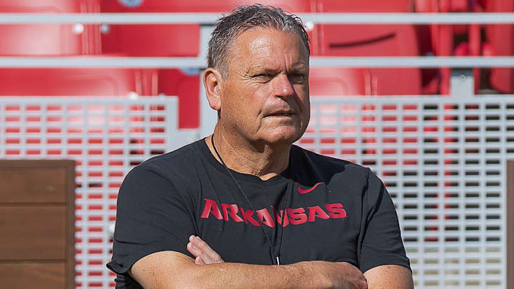 Arkansas Razorbacks coach Sam Pittman watching spring practice at Razorback Stadium in Fayetteville, Ark. Arkansas Razorbacks coach Sam Pittman watching spring practice at Razorback Stadium in Fayetteville, Ark.