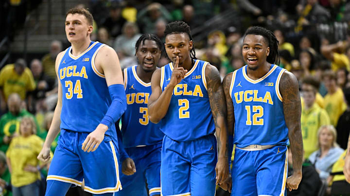 Dec 8, 2024; Eugene, Oregon, USA; UCLA Bruins guard Dylan Andrews (2) reacts after making a 3 point shot to take the lead in the second half in the game against the Oregon Ducks at Matthew Knight Arena. Mandatory Credit: Craig Strobeck-Imagn Images Dec 8, 2024; Eugene, Oregon, USA; UCLA Bruins guard Dylan Andrews (2) reacts after making a 3 point shot to take the lead in the second half in the game against the Oregon Ducks at Matthew Knight Arena. Mandatory Credit: Craig Strobeck-Imagn Images