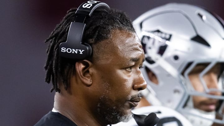 Aug 23, 2025; Glendale, Arizona, USA; Las Vegas Raiders defensive coordinator Patrick Graham against the Arizona Cardinals during a preseason NFL game at State Farm Stadium. Mandatory Credit: Mark J. Rebilas-Imagn Images