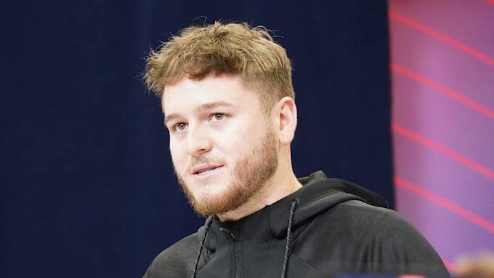 Texas quarterback Quinn Ewers speaks to the media at the 2025 NFL scouting combine.