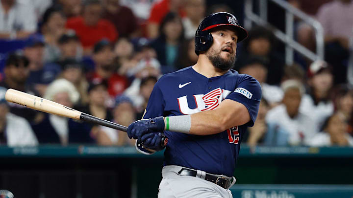 USA designated hitter Kyle Schwarber hits a home run in the 2023 World Baseball Classic.