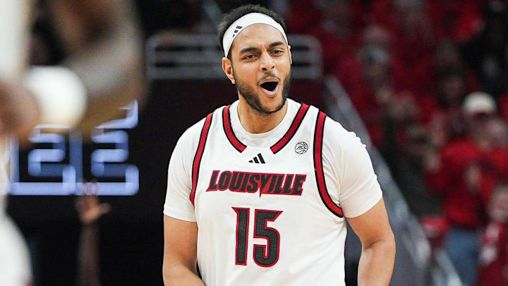 Louisville Cardinals center Aly Khalifa (15) celebrates after scoring a three-point shot against Duke Tuesday night at KFC Yum Center January 6, 2026.