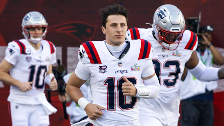 Feb 8, 2026; Santa Clara, CA, USA; New England Patriots quarterback Tommy DeVito (16) against the Seattle Seahawks during Super Bowl LX at Levi's Stadium. Mandatory Credit: Mark J. Rebilas-Imagn Images