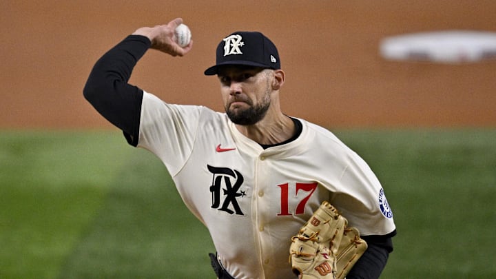 Arlington, Texas, USA; Texas Rangers starting pitcher Nathan Eovaldi (17) pitches against the Atlanta Braves during the first inning at Globe Life Field.