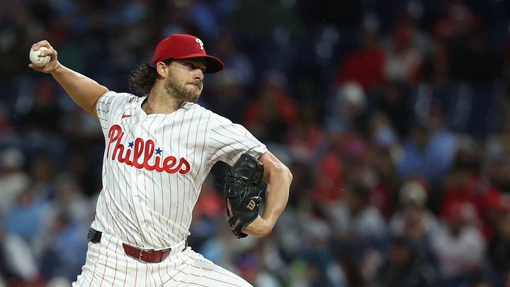 Sep 26, 2026; Philadelphia, Pennsylvania, USA; Philadelphia Phillies pitcher Aaron Nola (27) throws a pitch against the Tampa Bay Rays during the first inning at Citizens Bank Park. Mandatory Credit: Bill Streicher-Imagn Images