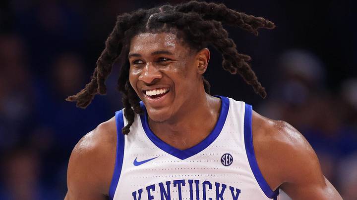 Dec 20, 2025; Atlanta, Georgia, USA; Kentucky Wildcats forward Jayden Quaintance (21) shows emotion against the St. John Red Storm in the second half at State Farm Arena. Mandatory Credit: Brett Davis-Imagn Images
