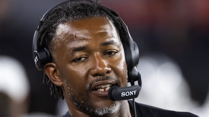 Aug 23, 2025; Glendale, Arizona, USA; Las Vegas Raiders defensive coordinator Patrick Graham against the Arizona Cardinals during a preseason NFL game at State Farm Stadium. Mandatory Credit: Mark J. Rebilas-Imagn Images