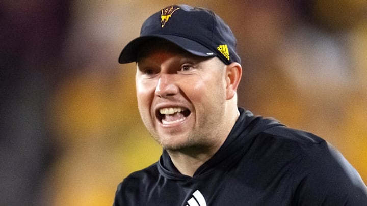 Nov 28, 2025; Tempe, Arizona, USA; Arizona State Sun Devils head coach Kenny Dillingham reacts against the Arizona Wildcats in the second half during the 99th Territorial Cup at Mountain America Stadium. Mandatory Credit: Mark J. Rebilas-Imagn Images