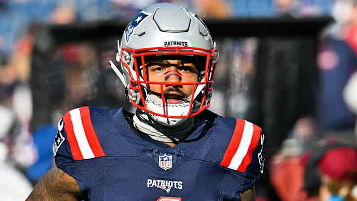Nov 17, 2024; Foxborough, Massachusetts, USA;  New England Patriots wide receiver Ja'Lynn Polk (1) warms up before a game against the Los Angeles Rams at Gillette Stadium. Mandatory Credit: Eric Canha-Imagn Images