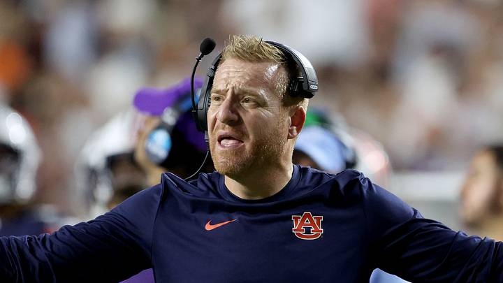 Sep 19, 2026; Auburn, Alabama, USA;  Auburn Tigers Alex Golesh reacts to a call during the third quarter against the Florida Gators at Jordan-Hare Stadium.  Mandatory Credit: John Reed-Imagn Images