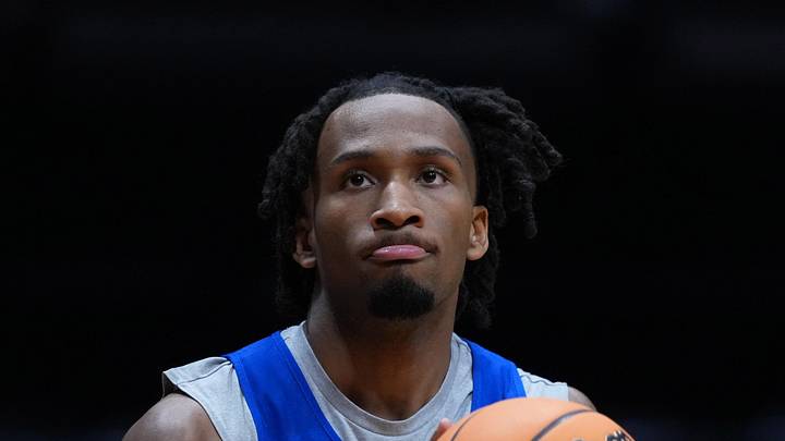 Mar 19, 2026; San Diego, CA, USA; Kansas Jayhawks guard Darryn Peterson (22) during a practice session ahead of the first round of the men's 2026 NCAA Tournament at Viejas Arena. Mandatory Credit: Kirby Lee-Imagn Images