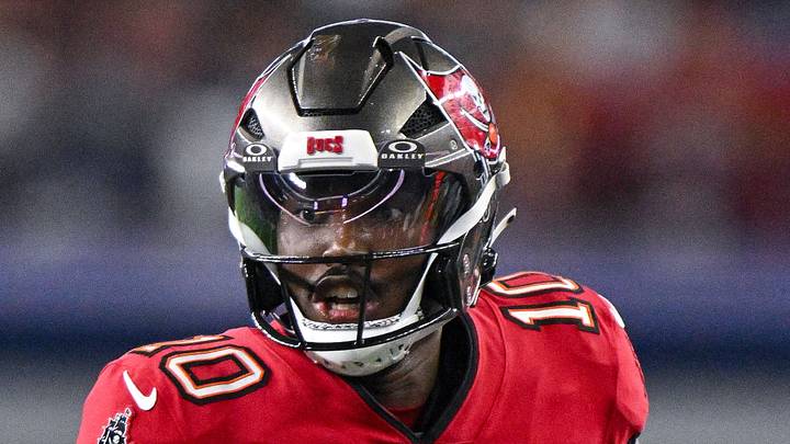 Oct 8, 2026; Arlington, Texas, USA; Tampa Bay Buccaneers quarterback Jalon Daniels (10) runs with the ball during the game between the Cowboys and the Buccaneers at AT&T Stadium. Mandatory Credit: Jerome Miron-Imagn Images