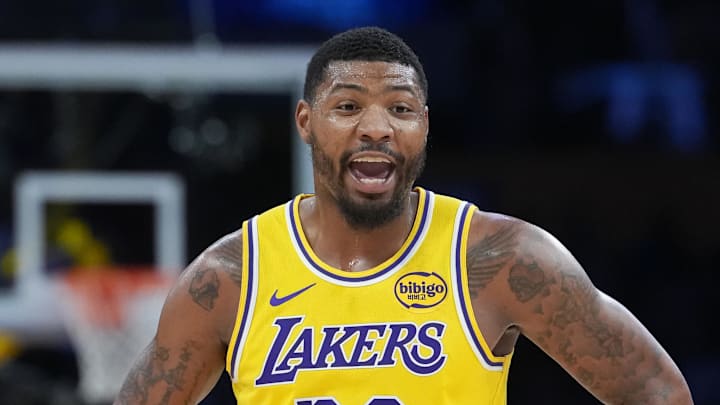 Mar 6, 2026; Los Angeles, California, USA; Los Angeles Lakers guard Marcus Smart (36) reacts against the Indiana Pacers in the second half at Crypto.com Arena. Mandatory Credit: Kirby Lee-Imagn Images