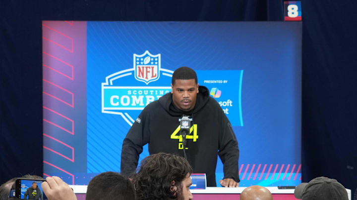 Feb 27, 2025; Indianapolis, IN, USA; Penn State defensive lineman Abdul Carter (DL44) during the 2025 NFL Scouting Combine at the Indiana Convention Center.  