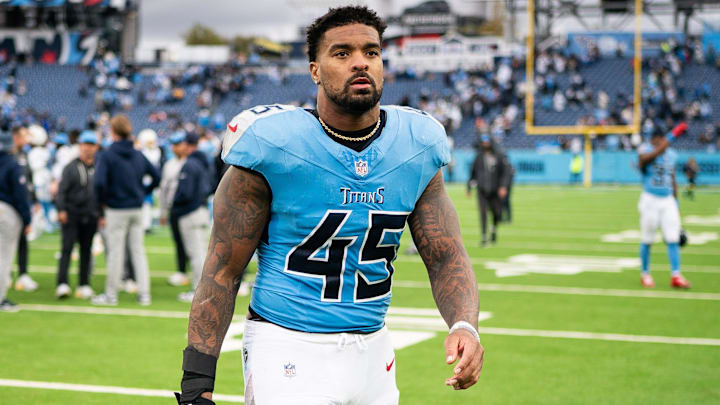 Tennessee Titans linebacker Dre'Mont Jones (45) exits the field after their loss to the Los Angeles Chargers at Nissan Stadium in Nashville, Tenn., Sunday, Nov. 2, 2025.