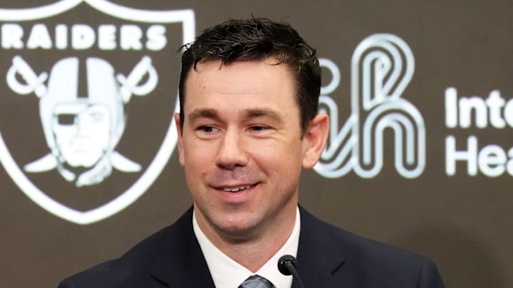 Feb 10, 2026; Las Vegas, NV, USA; Las Vegas Raiders coach Klint Kubiak speaks at introductory press conference at Intermountain Health Performance Center. Mandatory Credit: Kirby Lee-Imagn Images