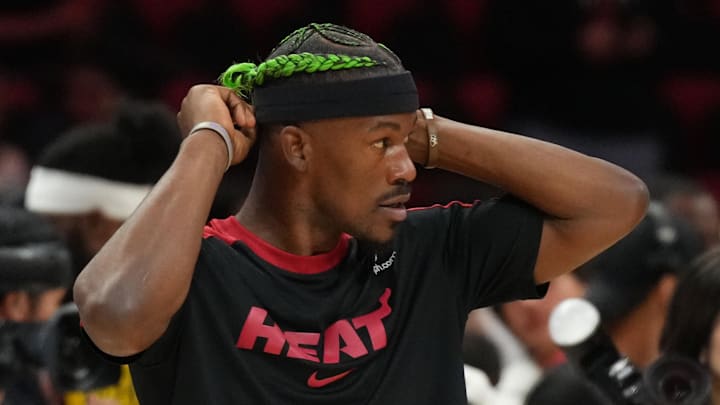 Jan 2, 2025; Miami, Florida, USA; Miami Heat forward Jimmy Butler (22) gets ready for pregame warm-ups before the start of the game against the Indiana Pacers at Kaseya Center. Mandatory Credit: Jim Rassol-Imagn Images Jan 2, 2025; Miami, Florida, USA; Miami Heat forward Jimmy Butler (22) gets ready for pregame warm-ups before the start of the game against the Indiana Pacers at Kaseya Center. Mandatory Credit: Jim Rassol-Imagn Images