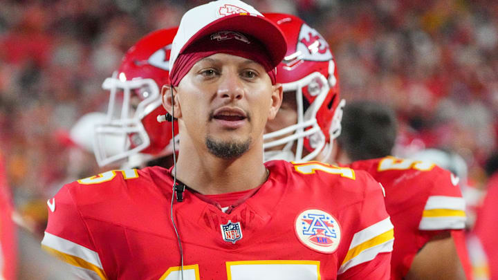 Aug 22, 2025; Kansas City, Missouri, USA; Kansas City Chiefs quarterback Patrick Mahomes (15) on the sidelines against the Chicago Bears during the first half of the game at GEHA Field at Arrowhead Stadium. Mandatory Credit: Denny Medley-Imagn Images