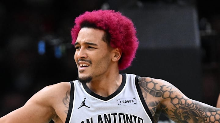 Former San Antonio Spurs forward Jeremy Sochan reacts after being called for a foul during the first half of a game against the Boston Celtics at the TD Garden.