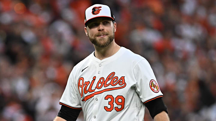 Oct 1, 2024; Baltimore, Maryland, USA; Baltimore Orioles pitcher Corbin Burnes (39) is relieved in the ninth inning against the Kansas City Royals in game one of the Wild Card round for the 2024 MLB Playoffs at Oriole Park at Camden Yards Oct 1, 2024; Baltimore, Maryland, USA; Baltimore Orioles pitcher Corbin Burnes (39) is relieved in the ninth inning against the Kansas City Royals in game one of the Wild Card round for the 2024 MLB Playoffs at Oriole Park at Camden Yards