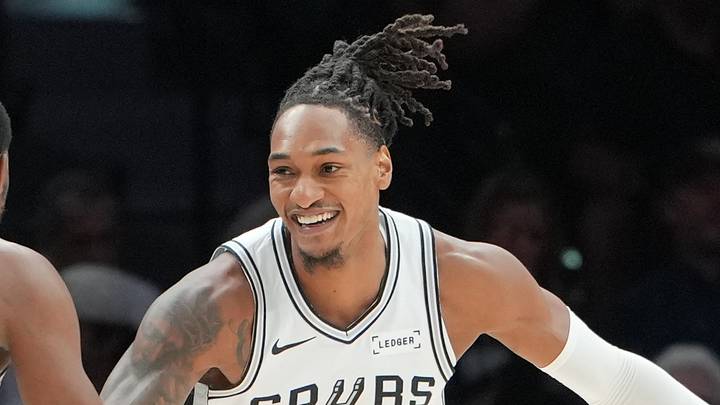 Oct 27, 2026; San Antonio, Texas, USA;  San Antonio Spurs guard Devin Vassell (24) celebrates with guard De'aaron Fox (4) in the first half against the Sacramento Kings at Frost Bank Center.  Mandatory Credit: Daniel Dunn-Imagn Images