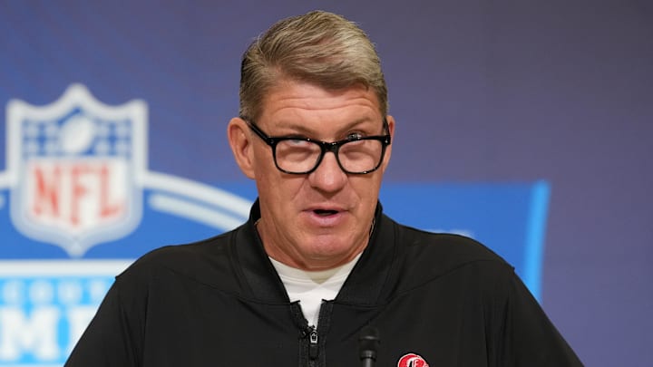 Feb 24, 2026; Indianapolis, IN, USA; Tampa Bay Buccaneers general manager Jason Licht speaks at the NFL Scouting Combine at the Indiana Convention Center. Mandatory Credit: Kirby Lee-Imagn Images