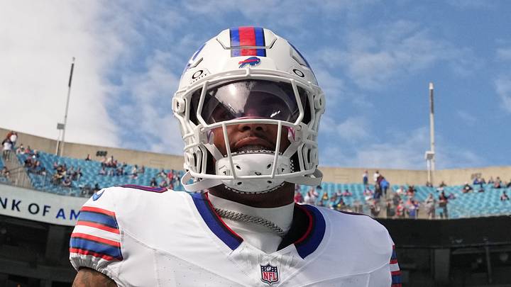 Oct 26, 2025; Charlotte, North Carolina, USA; Buffalo Bills wide reciever Keon Coleman (0) runs on to the field before the game at Bank of America Stadium. Mandatory Credit: Bob Donnan-Imagn Images
