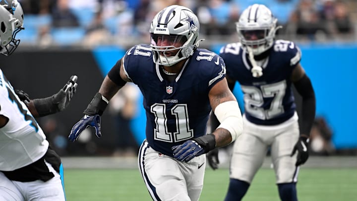 Dec 15, 2024; Charlotte, North Carolina, USA; Dallas Cowboys linebacker Micah Parsons (11) on the field in the first quarter at Bank of America Stadium. Mandatory Credit: Bob Donnan-Imagn Images