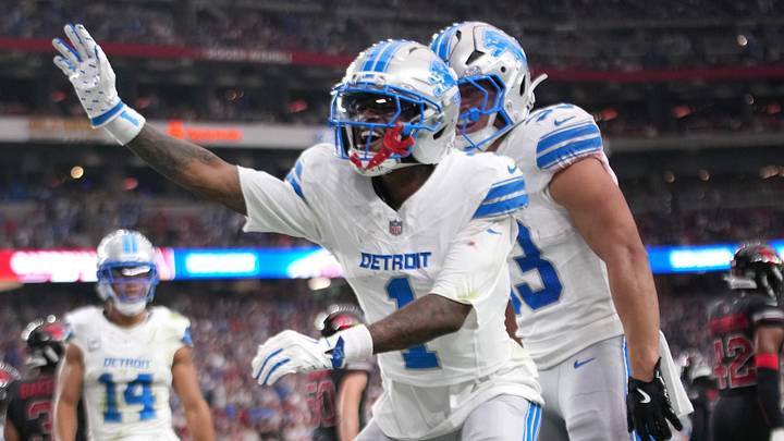 Detroit Lions receiver Jameson Williams celebrates his touchdown against the Arizona Cardinals Detroit Lions receiver Jameson Williams celebrates his touchdown against the Arizona Cardinals