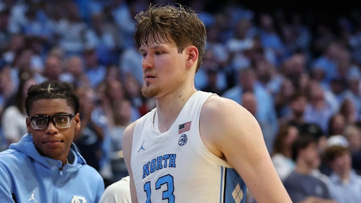 Jan 10, 2026; Chapel Hill, North Carolina, USA; North Carolina Tar Heels center Henri Veesaar (13) subs out against the Wake Forest Demon Deacons during the second half at Dean E. Smith Center. Mandatory Credit: Cory Knowlton-Imagn Images