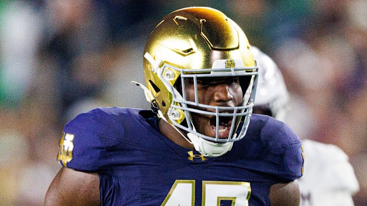 Notre Dame defensive lineman Jason Onye celebrates after getting a stop in the first half of a NCAA football game against Texas A&M at Notre Dame Stadium on Saturday, Sept. 13, 2025, in South Bend. Notre Dame defensive lineman Jason Onye celebrates after getting a stop in the first half of a NCAA football game against Texas A&M at Notre Dame Stadium on Saturday, Sept. 13, 2025, in South Bend.