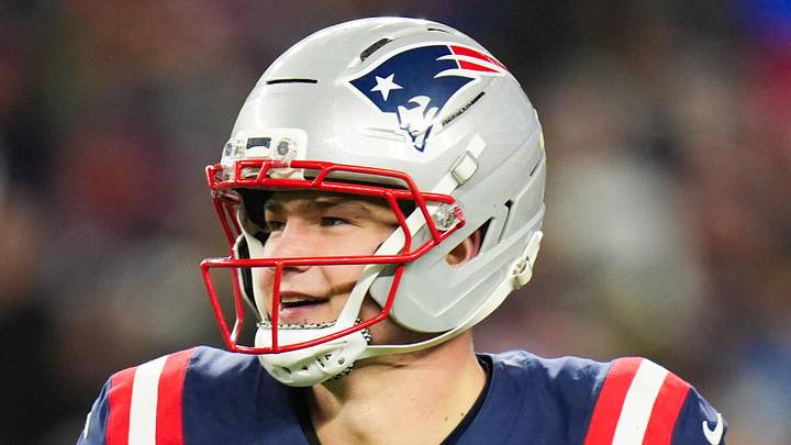 Jan 11, 2026; Foxborough, MA, USA; New England Patriots quarterback Drake Maye (10) smiles after a touchdown pass during the fourth quarter against the Los Angeles Chargers in an AFC Wild Card Round game at Gillette Stadium. Mandatory Credit: David Butler II-Imagn Images