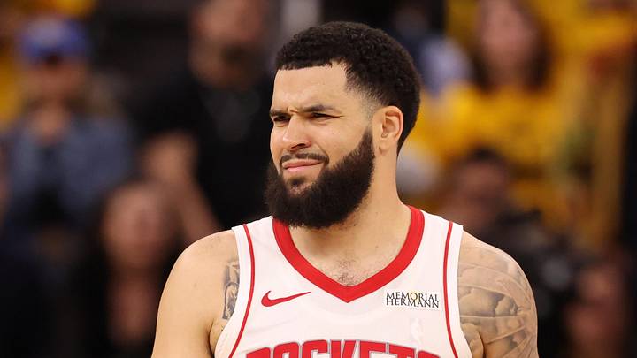 Houston Rockets guard Fred VanVleet (5) questions the call after a play against Golden State Warriors guard Brandin Podziemski (2) during the fourth quarter of game four of the 2025 NBA Playoffs first round at Chase Center on Apr 28, 2025. Houston Rockets guard Fred VanVleet (5) questions the call after a play against Golden State Warriors guard Brandin Podziemski (2) during the fourth quarter of game four of the 2025 NBA Playoffs first round at Chase Center on Apr 28, 2025.