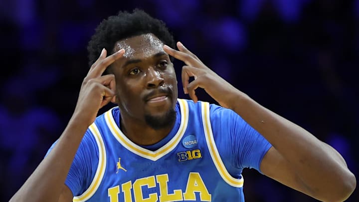 Mar 22, 2026; Philadelphia, PA, USA; UCLA Bruins center Xavier Booker (1) reacts against the UConn Huskies in the first half during a second round game of the men's 2026 NCAA Tournament at Xfinity Mobile Arena. Mandatory Credit: Bill Streicher-Imagn Images